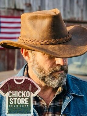 Minnetonka Leather Hat Brown Leather Outback Bush Western Braid Band USA  Size S